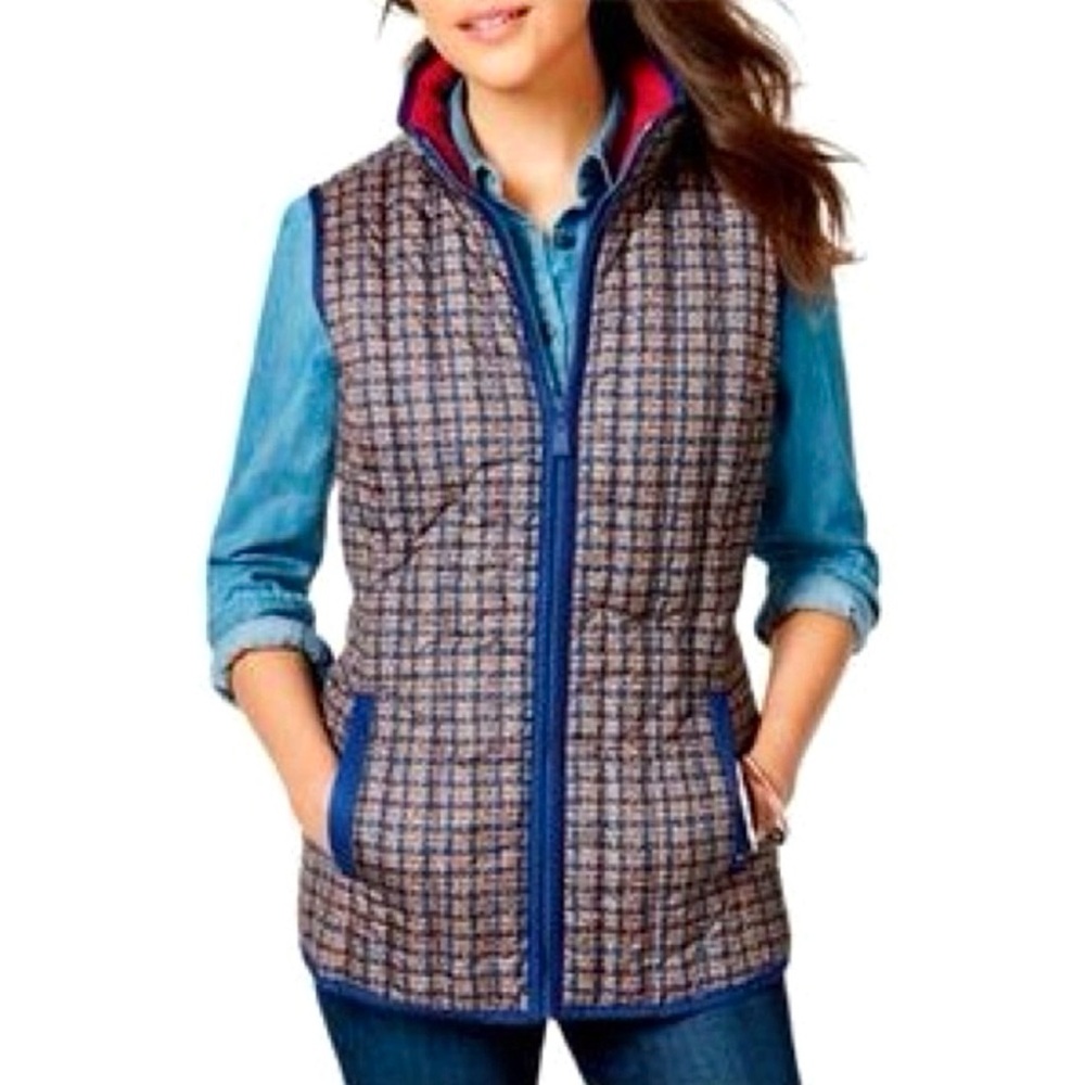 Tommy Hilfiger Tweed Plaid Print Puffer Vest Down Feather Pockets Blue Large